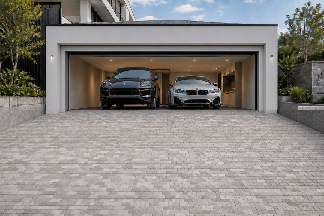 Finished double garage with two cars and a continuous paved driveway